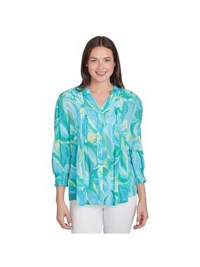 Ruby Rd. Plus Size 1X Abstract Ocean Blouse Button Top Green Blue MSRP $64